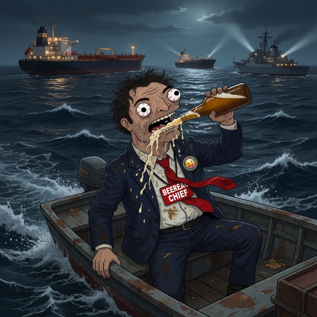 The Chief in a rowboat chugging a beer with destroyers in the background