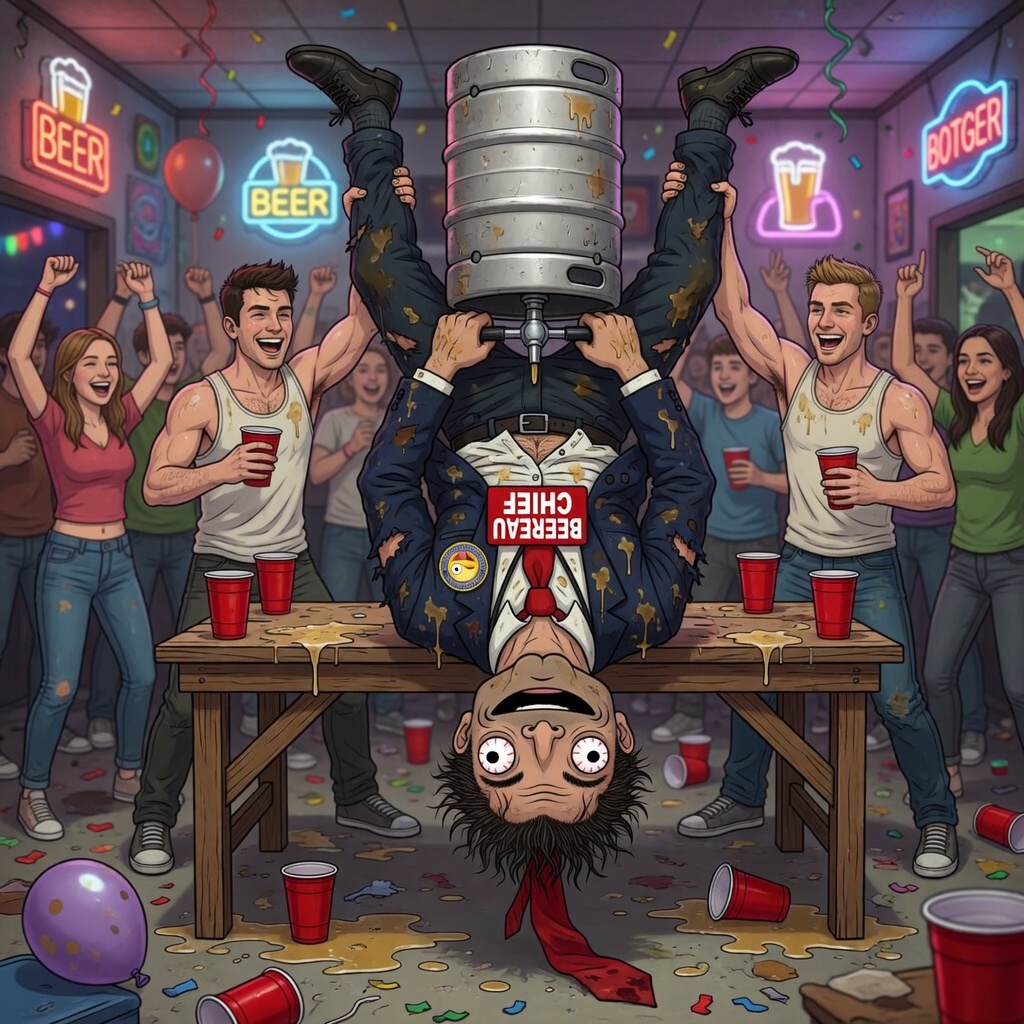 The Chief doing a keg stand at a frat party